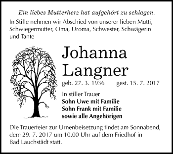 Traueranzeige von Johanna Langner von WVG - Wochenspiegel Merseburg
