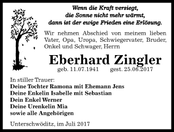 Traueranzeige von Eberhard Zingler von Mitteldeutsche Zeitung Zeitz