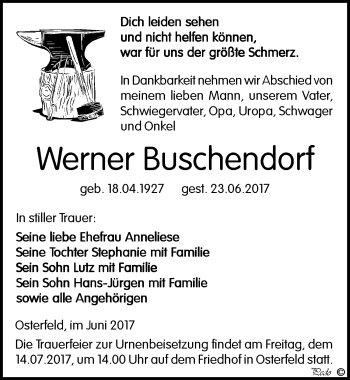 Traueranzeige von Werner Buschendorf von Mitteldeutsche Zeitung Zeitz