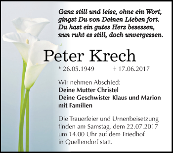 Traueranzeige von Peter Krech von WVG - Wochenspiegel Dessau / Köthen