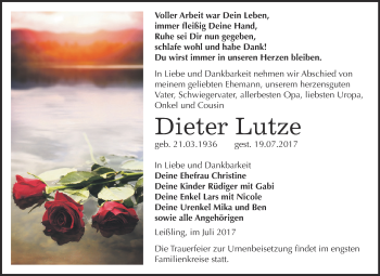 Traueranzeige von Dieter Lutze von WVG - Wochenspiegel NMB / WSF / ZTZ