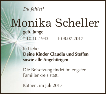 Traueranzeige von Monika Scheller von WVG - Wochenspiegel Dessau / Köthen