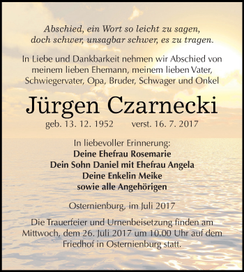 Traueranzeige von Jürgen Czarnecki von WVG - Wochenspiegel Dessau / Köthen