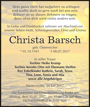 Traueranzeige von Christa Barsch von Mitteldeutsche Zeitung Zeitz