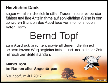Traueranzeige von Bernd Topf von WVG - Wochenspiegel NMB / WSF / ZTZ
