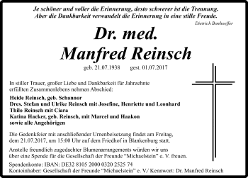 Traueranzeige von Manfred Reinsch von Mitteldeutsche Zeitung Quedlinburg