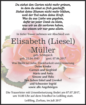 Traueranzeige von Elisabeth Müller von WVG - Wochenspiegel NMB / WSF / ZTZ