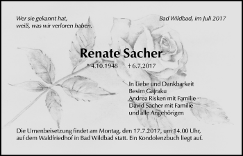 Traueranzeige von Renate Sacher von Mitteldeutsche Zeitung Mansfelder Land