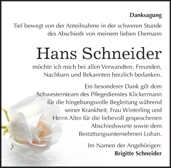 Traueranzeige von Hans Schneider von Mitteldeutsche Zeitung Bitterfeld
