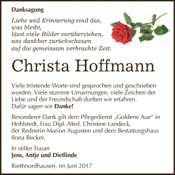 Traueranzeige von Christa Hoffmann von Super Sonntag SGH Mansf. Land
