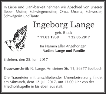Traueranzeige von Ingeborg Lange von Wochenspiegel Mansfelder Land