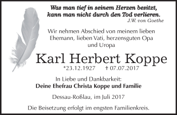 Traueranzeige von Karl Herbert Koppe von Mitteldeutsche Zeitung Dessau-Roßlau