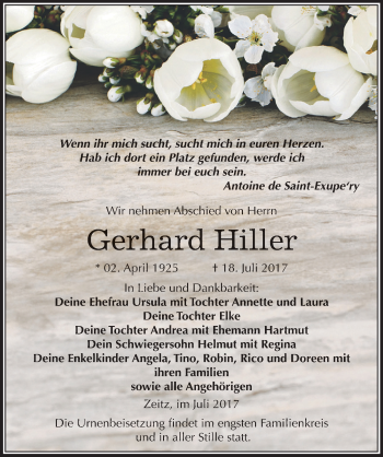 Traueranzeige von Gerhard Hiller von Mitteldeutsche Zeitung Zeitz