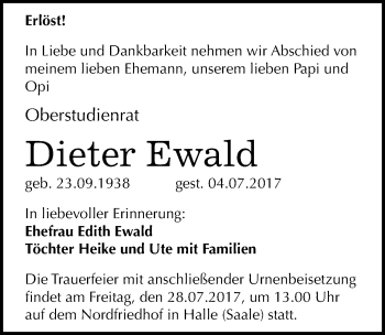 Traueranzeige von Dieter Ewald von Mitteldeutsche Zeitung Halle/Saalkreis