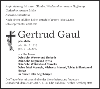 Traueranzeige von Gertrud Gaul von WVG - Wochenspiegel Wittenberg