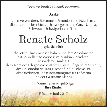 Traueranzeige von Renate Scholz von WVG - Wochenspiegel Bitterfeld