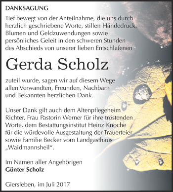 Traueranzeige von Gerda Scholz von Super Sonntag Aschersleben