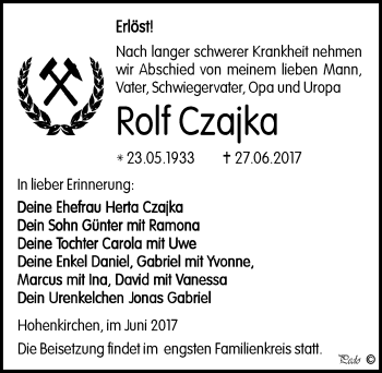 Traueranzeige von Rolf Czajka von Mitteldeutsche Zeitung Zeitz