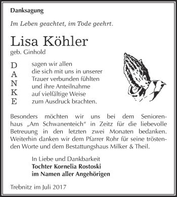 Traueranzeige von Lisa Köhler von Super Sonntag Zeitz