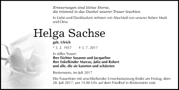 Traueranzeige von Helga Sachse von Mitteldeutsche Zeitung Sangerhausen