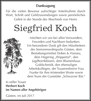 Traueranzeige von Siegfried Koch von Super Sonntag Bernburg