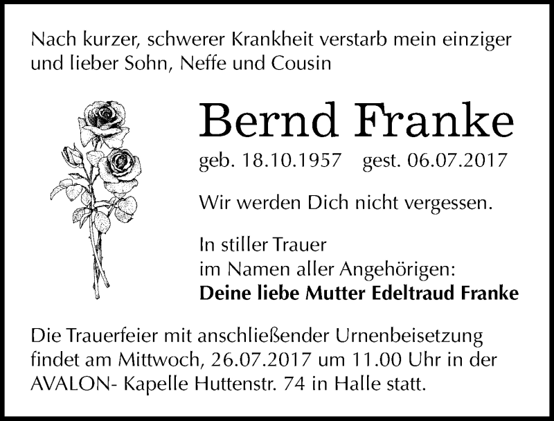  Traueranzeige für Bernd Franke vom 15.07.2017 aus Mitteldeutsche Zeitung Halle/Saalkreis