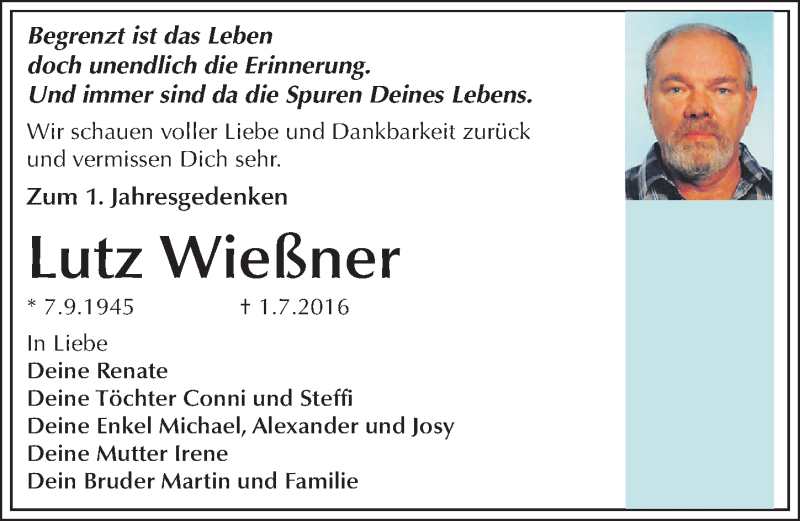  Traueranzeige für Lutz Wießner vom 01.07.2017 aus Mitteldeutsche Zeitung Dessau-Roßlau