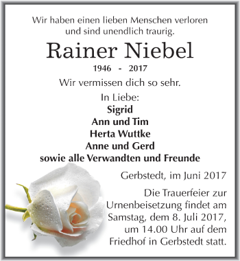 Traueranzeige von Rainer Niebel von Mitteldeutsche Zeitung Mansfelder Land