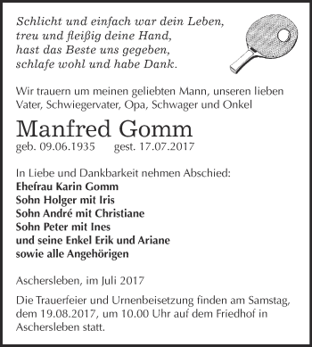 Traueranzeige von Manfred Gomm von Super Sonntag Aschersleben