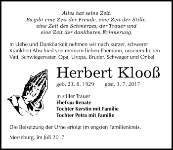 Traueranzeige von Herbert Klooß von Mitteldeutsche Zeitung Merseburg/Querfurt