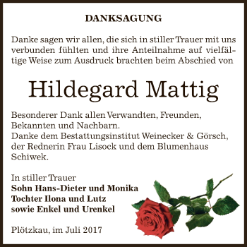 Traueranzeige von Hildegard Mattig von Super Sonntag Bernburg