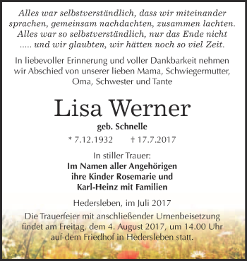 Traueranzeige von Lisa Werner von WVG - Wochenspiegel Quedlinburg