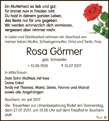 Traueranzeige von Rosa Görmer von WVG - Wochenspiegel NMB / WSF / ZTZ