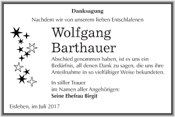 Traueranzeige von Wolfgang Barthauer von Wochenspiegel Mansfelder Land