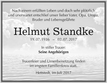Traueranzeige von Helmut Standke von Wochenspiegel Mansfelder Land