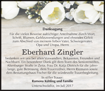 Traueranzeige von Eberhard Zingler von Mitteldeutsche Zeitung Zeitz