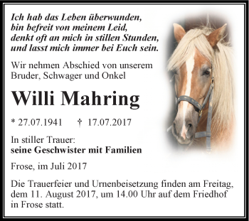 Traueranzeige von Willi Mahring von Super Sonntag Aschersleben