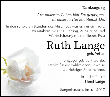 Traueranzeige von Ruth Lange von Super Sonntag SGH Mansf. Land