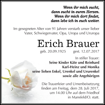 Traueranzeige von Erich Brauer von Super Sonntag SGH Mansf. Land