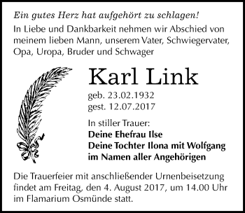 Traueranzeige von Karl Link von Mitteldeutsche Zeitung Halle/Saalkreis