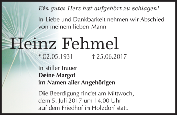 Traueranzeige von Heinz Fehmel von Mitteldeutsche Zeitung Wittenberg