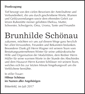 Traueranzeige von Brunhilde Schönau von WVG - Wochenspiegel Bitterfeld