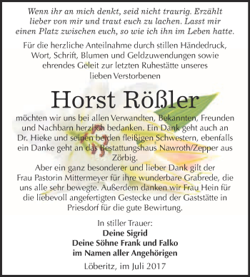 Traueranzeige von Horst Rößler von WVG - Wochenspiegel Bitterfeld