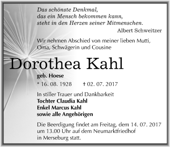 Traueranzeige von Dorothea Kahl von Mitteldeutsche Zeitung Merseburg/Querfurt