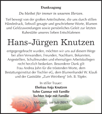 Traueranzeige von Hans-Jürgen Knutzen von WVG - Wochenspiegel Wittenberg