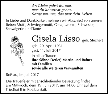 Traueranzeige von Gisela Lisso von Mitteldeutsche Zeitung Dessau-Roßlau