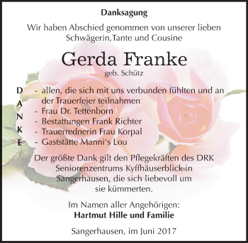 Traueranzeige von Gerda Franke von Mitteldeutsche Zeitung Sangerhausen