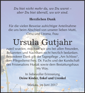 Traueranzeige von Ursula Gutjahr von Mitteldeutsche Zeitung Weißenfels
