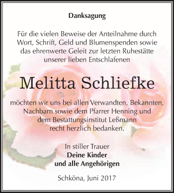 Traueranzeige von Melitta Schliefke von WVG - Wochenspiegel Wittenberg