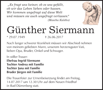 Traueranzeige von Günther Siermann von Mitteldeutsche Zeitung Merseburg/Querfurt